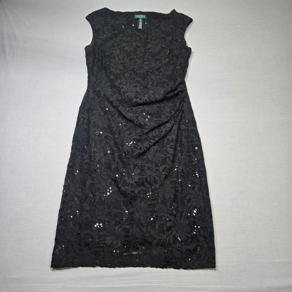 Lauren Ralph Lauren‎ Black Lace Sequin Dress Sheath Cocktail Slip On Size 12